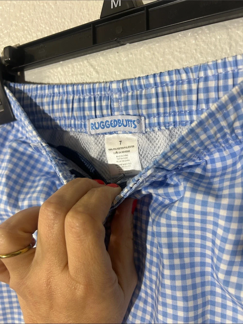 RuggedButts Boy’s Cornflower Blue Gingham Swim Shorts - Casual Elastic Waist Sz7